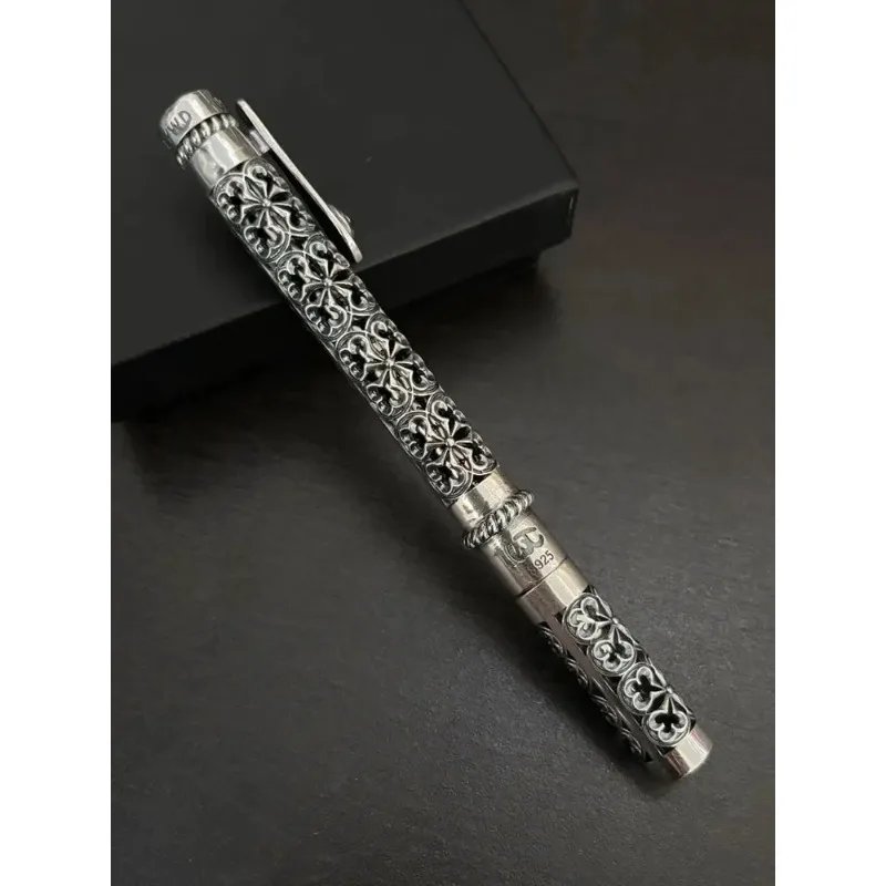 925 Silver Ballpoint Pen Vintage and Elegant 925 Silver Hollow Carved, Business Signature Pen High Quality