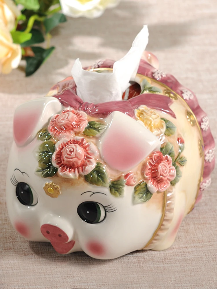 Ceramic Pink Pig Tissue Box Sculpture, Home Decor Crafts, Wedding Decoration, Office, Living Room, Study Tissue Box Ornament