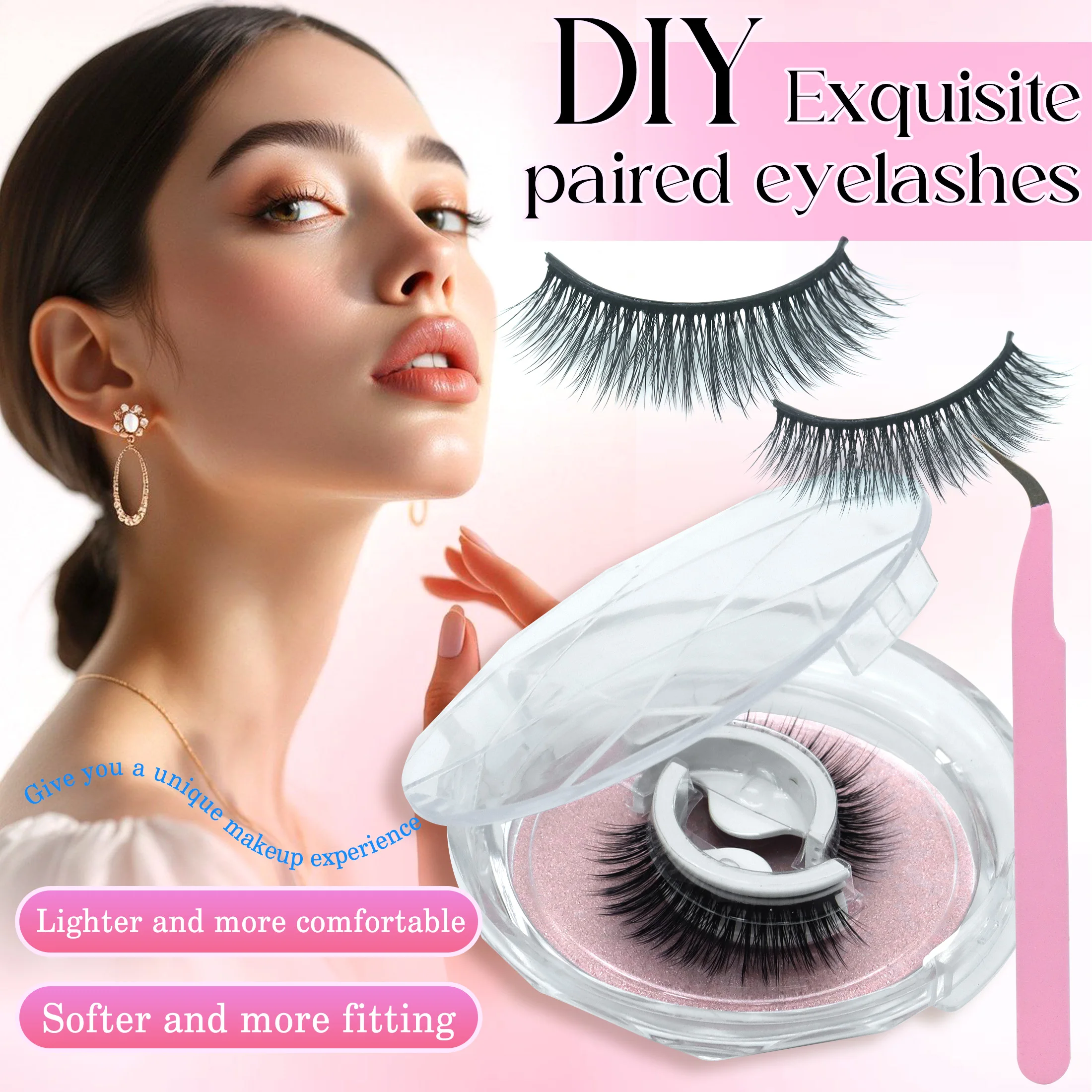 Um par de cílios postiços, vem com uma pinça de cílios, reutilizável, fácil de usar, adequado para esportes, vida diária, festas.