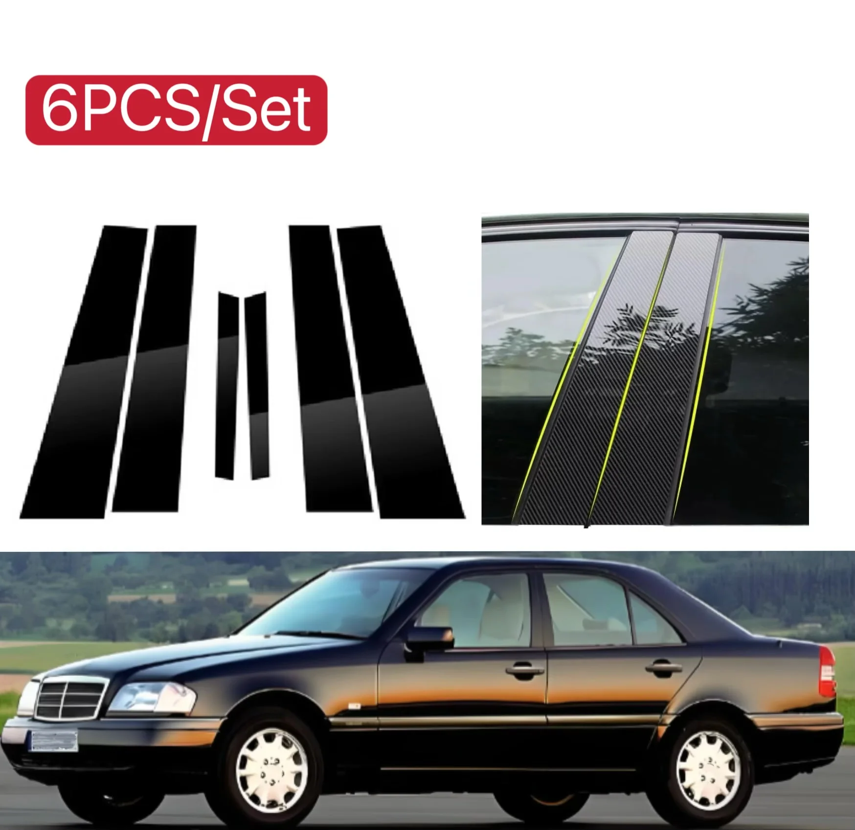 

6PCS Glossy Black Carbon Pillar Posts Fit For Mercedes-Benz C Class W202 1994-2000 Car Door Window Column BC Trim Sticker Cover