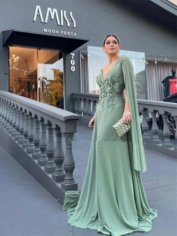 Elegant green deep V-neck women's floor mopping Arab Dubai evening dress formal occasion sleeveless dress 2024