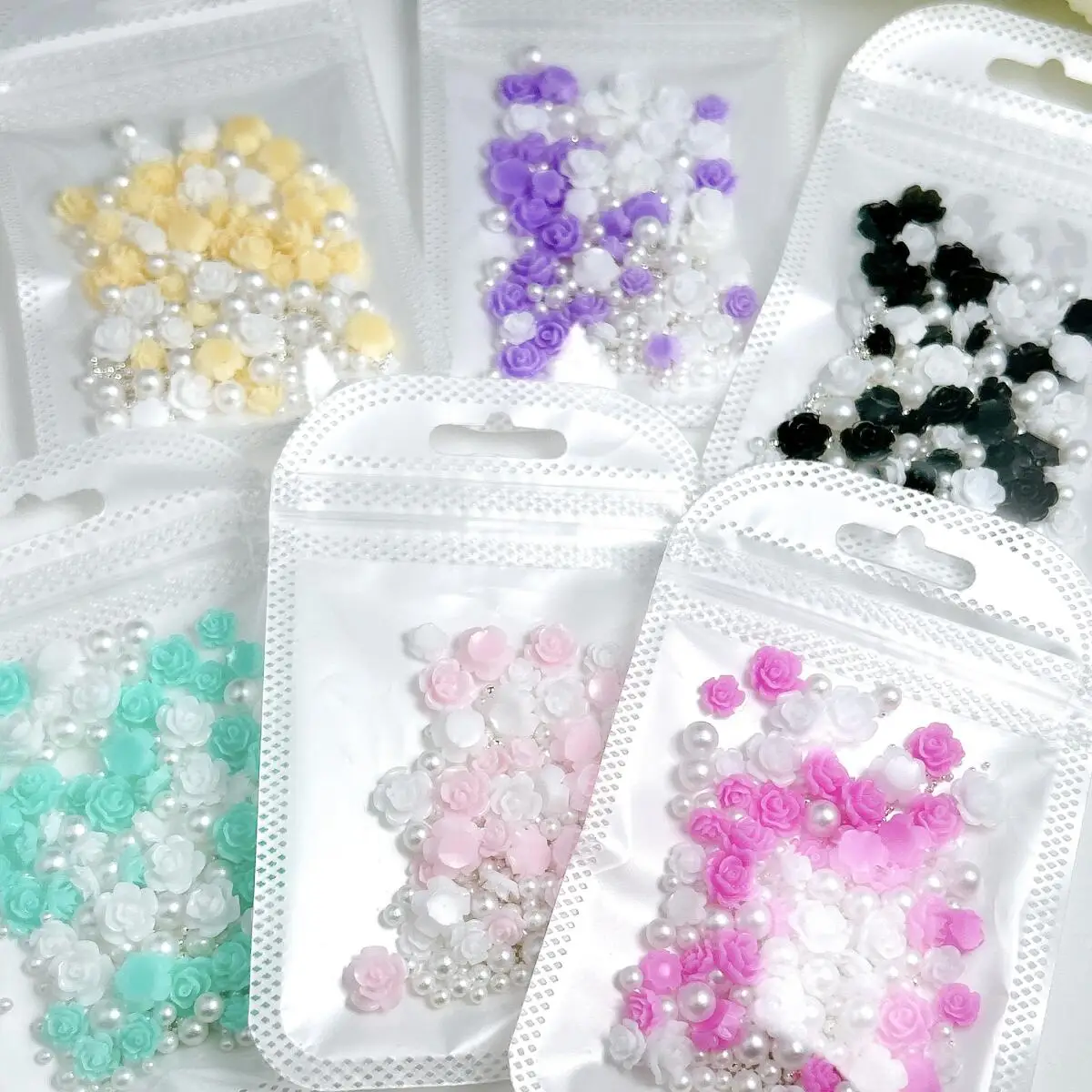 1Bag Multi Colored Rose Camellia Mixed Nail Art Charms Mini Artificial Pearl Steel Ball Minimalist Blossoms Nail Decorations DIY