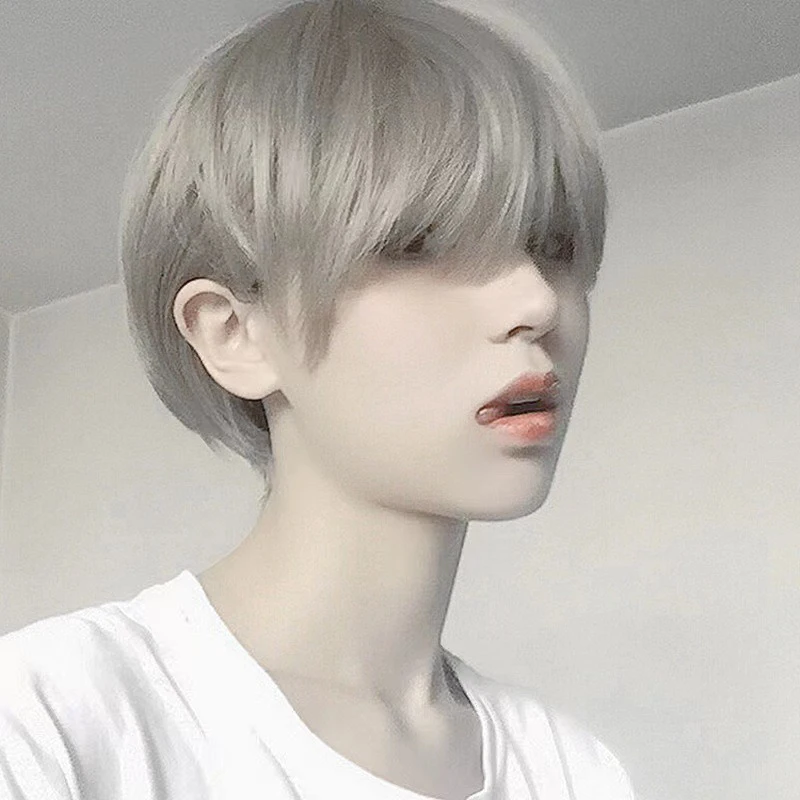 Gold Grey Fashion Boy Short Hair 2D Anime Cosplay Wig Stage Performance Masquerade Festival Party High-temperature Silk Full Wig