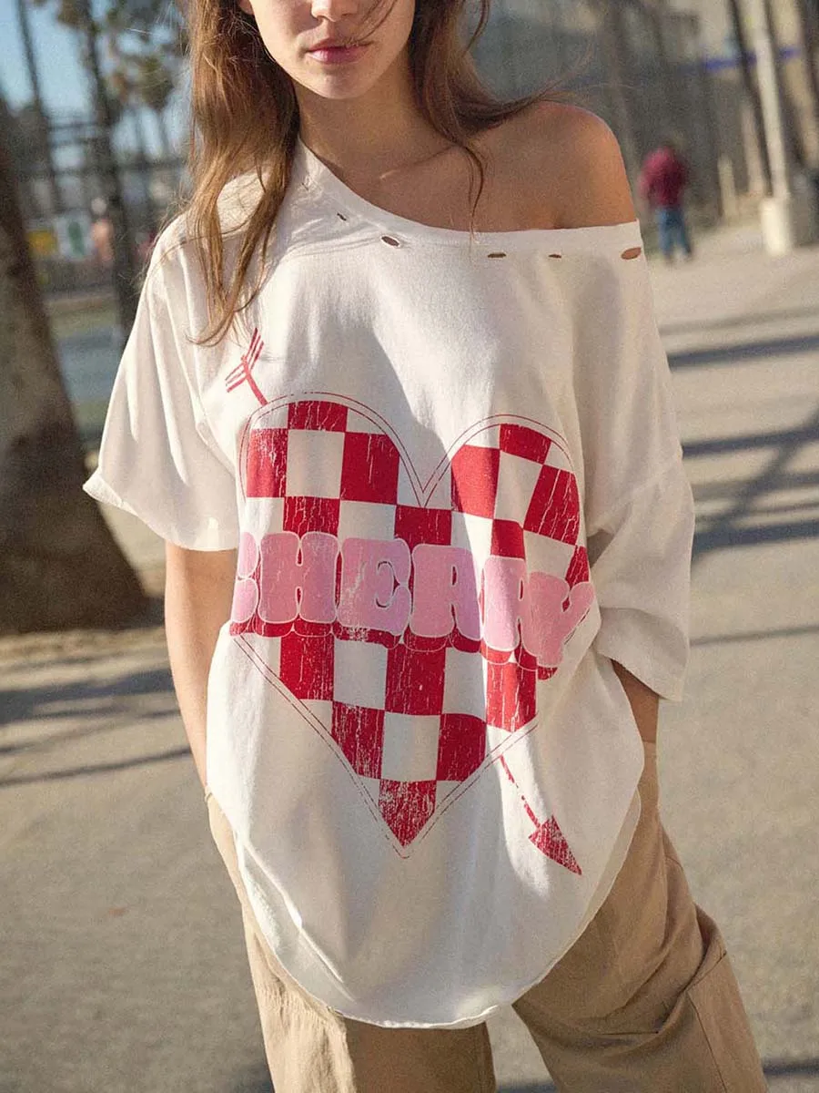 Women's Summer Oversized Tops Short Sleeve Checker Heart Print T-Shirts Fashion Blouses