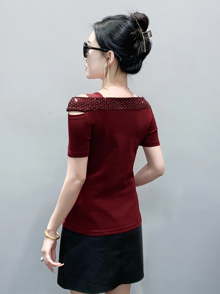 Faionable Damen Sexy Oulder Bared Ort Sve T-Shirt Slim Fit f Sve Sommer New Sle Diamond Embellied Top