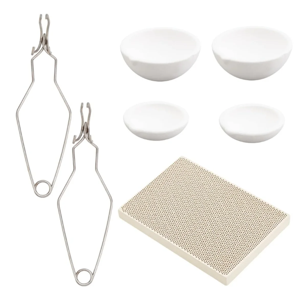 

7pcs Melting Crucible Kit for Jewelry Silver Metal, with 4pc Ceramic Quartz Crucible Bowl Dish Cup Pot Whip Tongs Handle