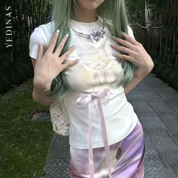 Yedinas Print Floral Graphic T Shirts Woman Clothes Short Sleeve Bow Japan Style 2000s Clothes Y2k Slim Tees Female Clothing