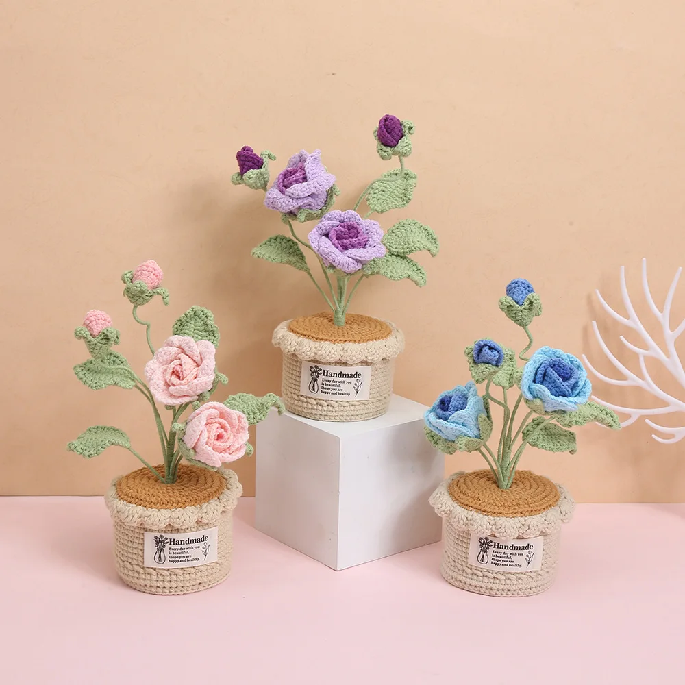 Fertiggestellter handgemachter Rosenblumentopf, kreativer gehäkelter Blumentopf, künstliche Pflanzen, Hochzeitsraumdekoration, Geschenk für Freunde – Detail 1