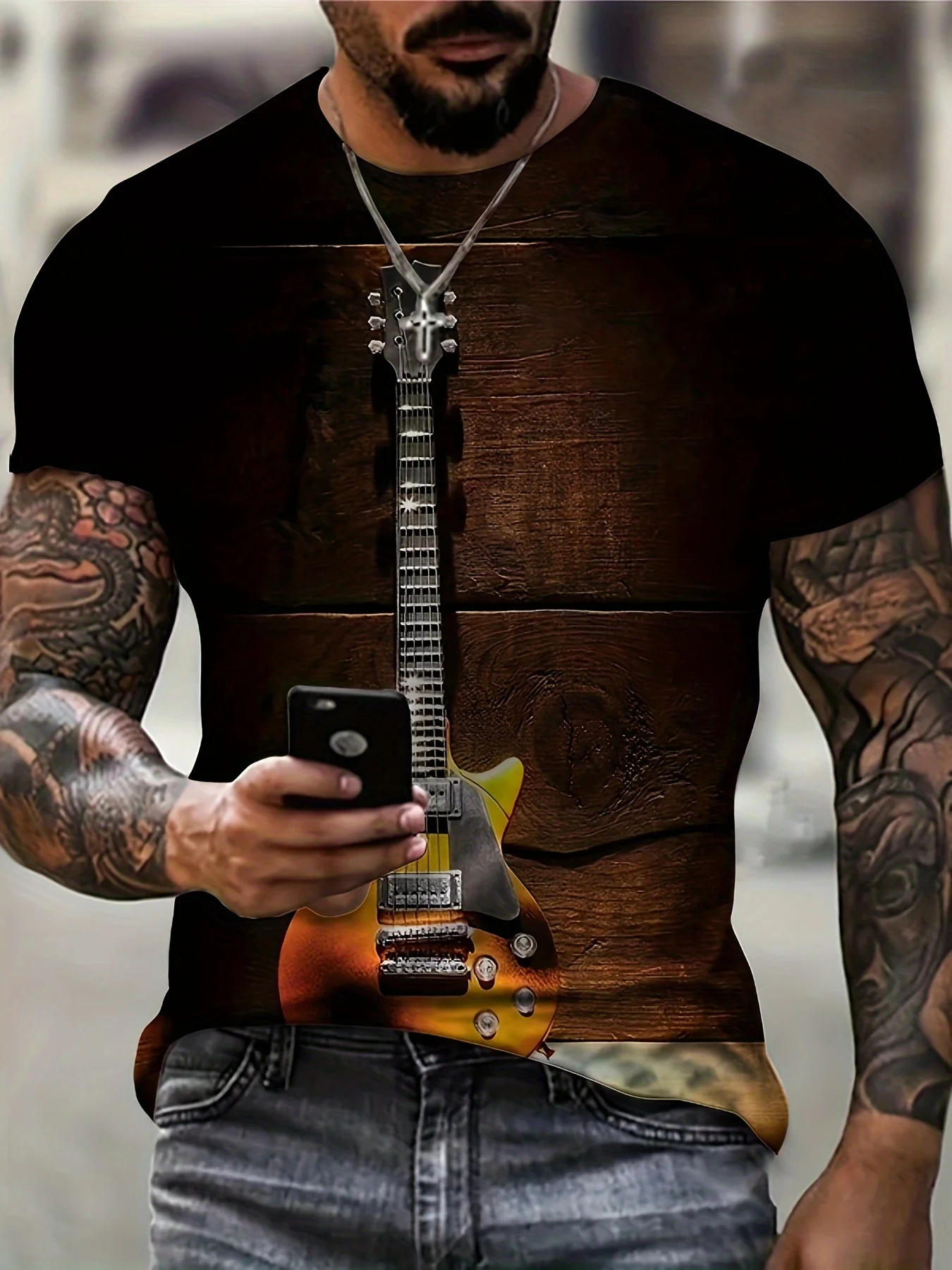 

2024 New Men's Trendy Guitar Pattern T-shirt