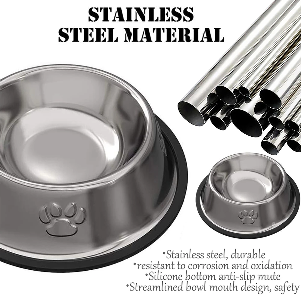 Stainless Steel Dog Cat Food Bowl Pets Quality Metal Pawprint Feeder Non-slip Pet Feeding Container with Rubber Base Accessories