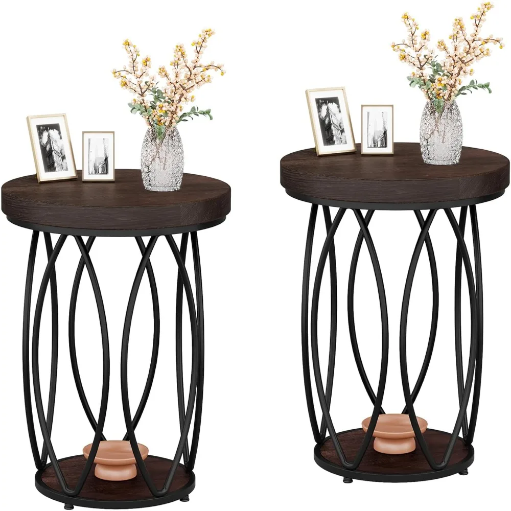 

Round Side Table, Small End Table with Storage Shelf, Industrial Accent Bedside Table Couch Table with Metal Frame