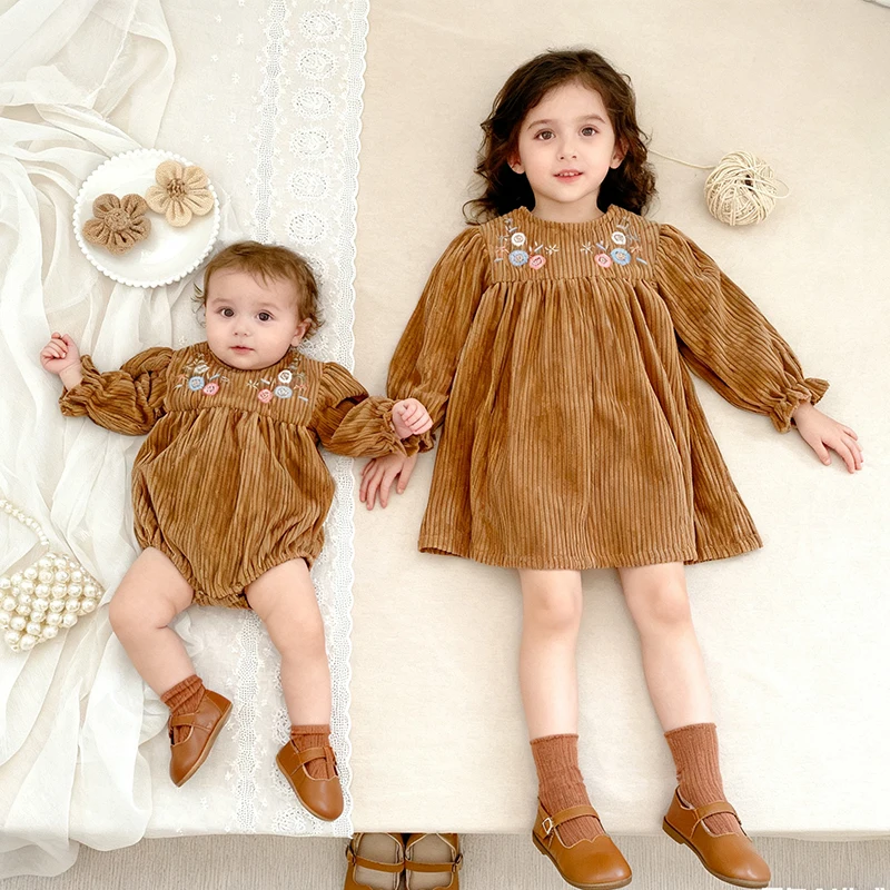 2025 New Autumn Sister Clothes 2-6Yrs Girl Party Dress Long Sleeve Corduroy Flower Embroidery Baby Romper Kids Princess Dresses