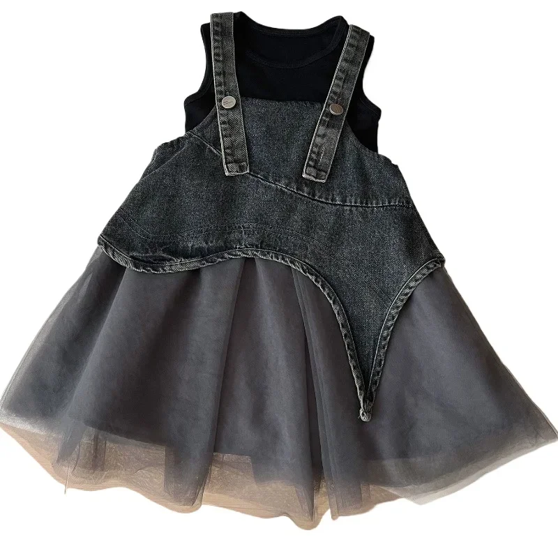 Summer Girls Clothes Sets Sleeveless T-shirt+Denim Mesh Dress Korean Kids Clothing Children Casual Clothes Suits 2 3 4 5 6 7Yrs