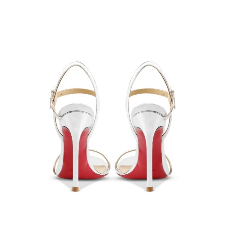 Silver patent leather open-toe high-heeled sandals summer new stiletto side space sexy one-line belt royal sister women's shoes