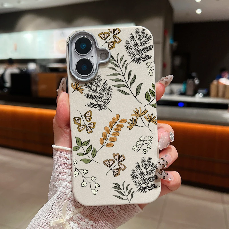 Branches Leaves Print Case for iPhone 16 Pro Max Coque iPhone 11 12 13 14 15 Pro Max SE Luxury Leather Texture Silicone Cover