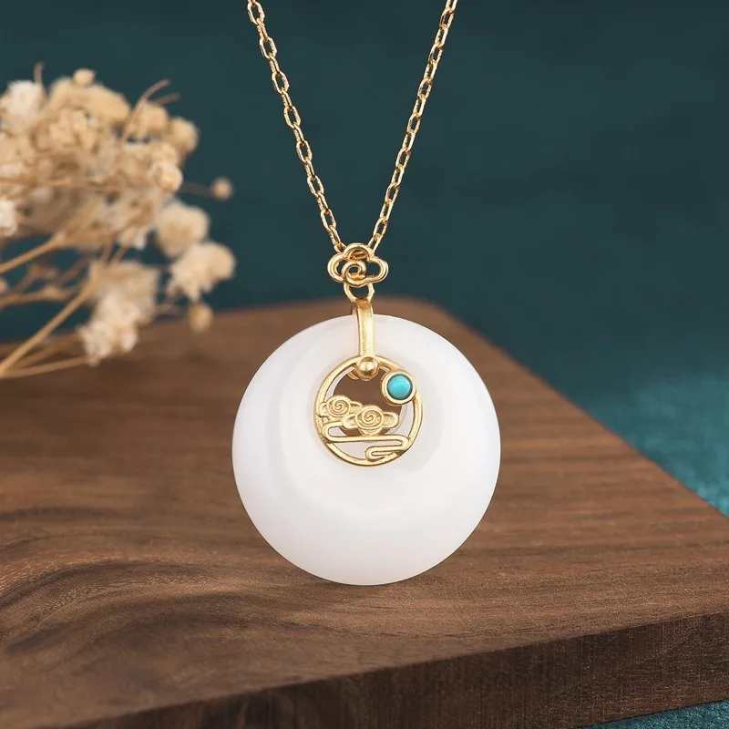 White Natural Jade Donut Pendant Necklace Charm 18K Gold Plated Amulet Real Jewelry Designer Stone Luxury Carved Gemstone