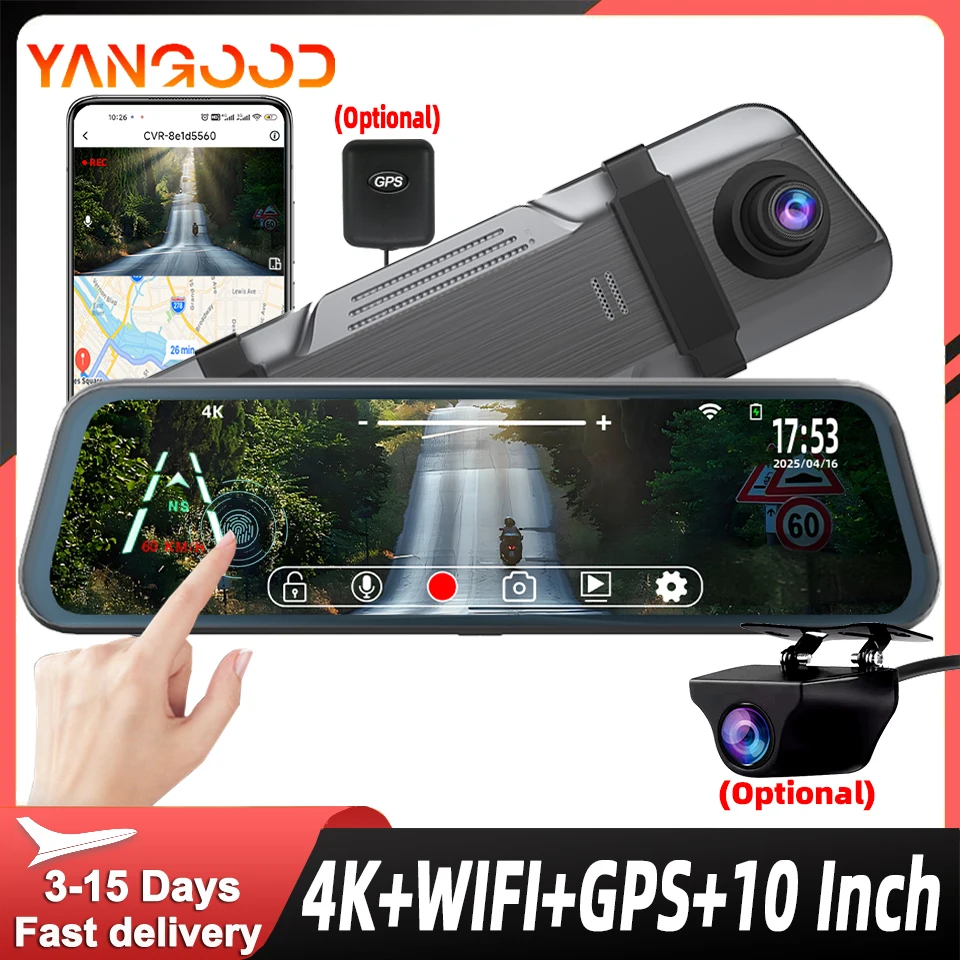 

Yangood Dashcam Auto 10 Inch Touch Screen Rear Mirror 4K Car DVR WIFI Recorder Support GPS 1080P RearView Camera Video Black Box
