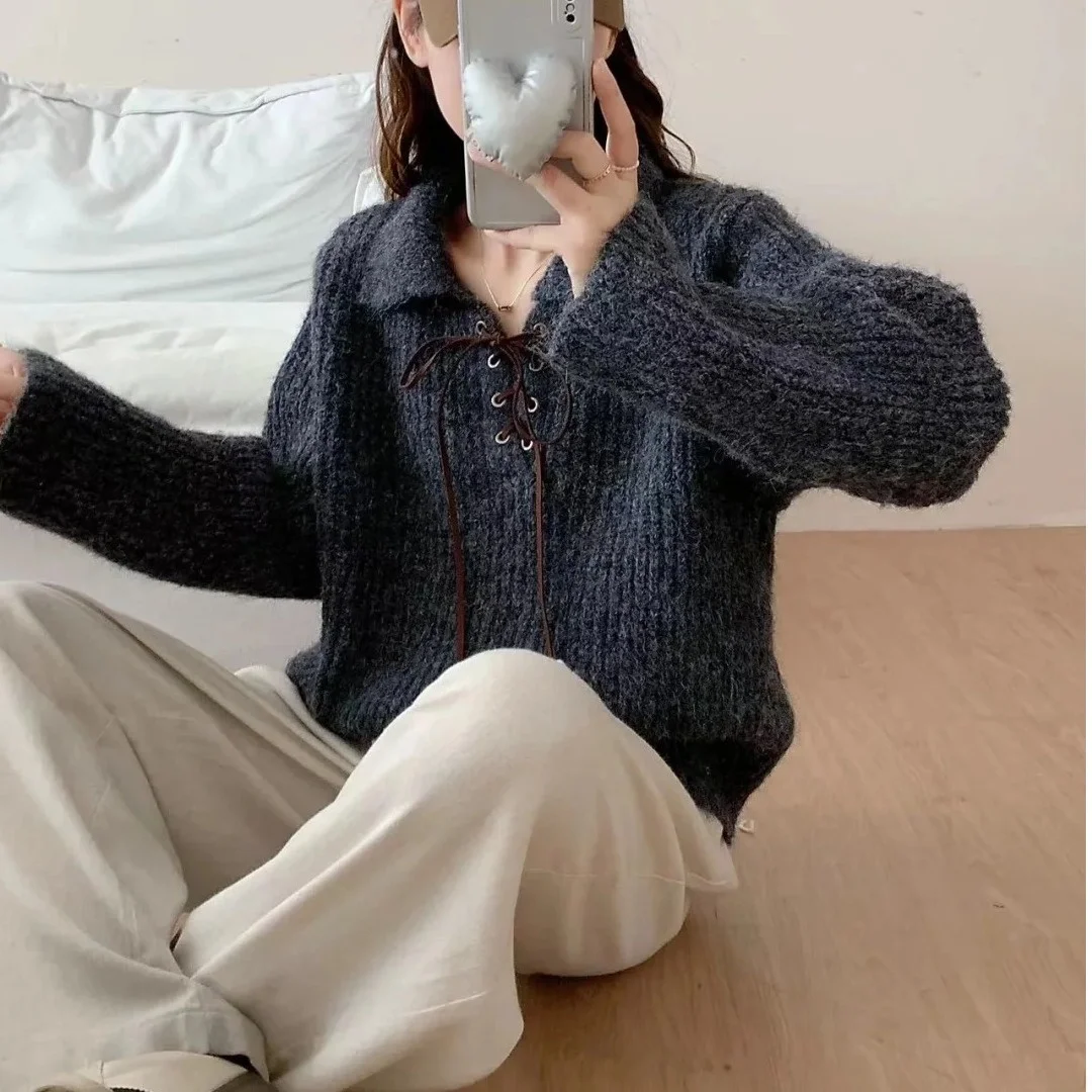 

Women's Knitted Sweater Collar Belted Loose Fit Faionable Autumn Winter New Sle Korean Design Knitwear Top