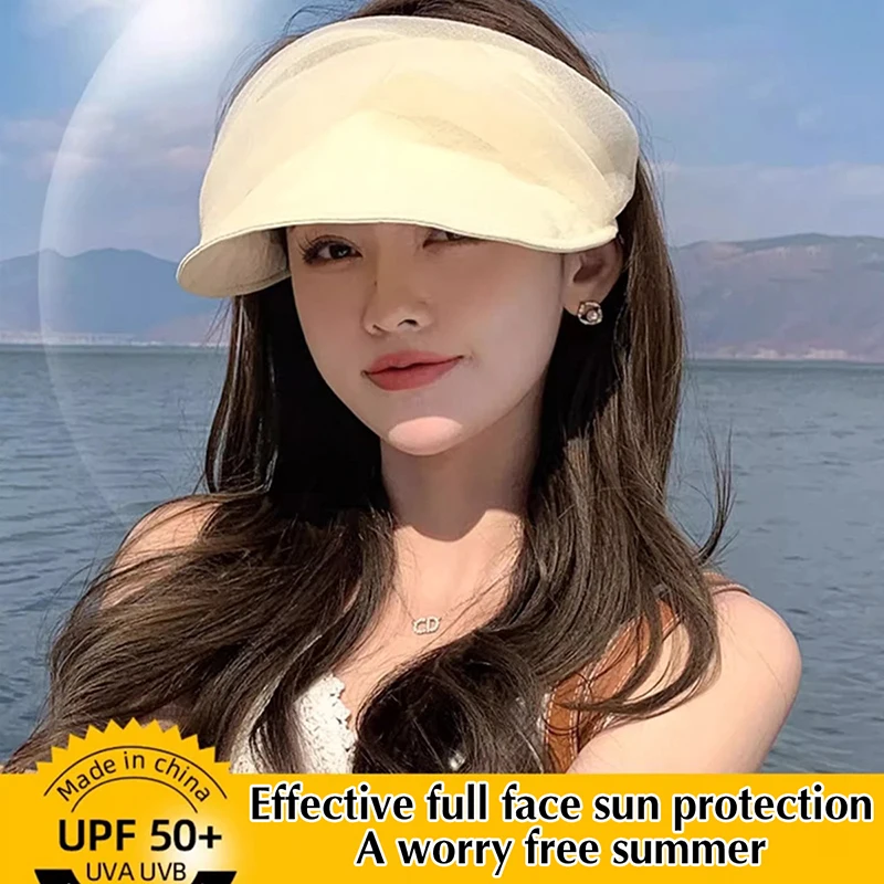 

2 In 1 Function Hair Clasp Or Empty Top Wide Brim Chiffon Tulle Fold Sun Hat Women Anti-UV Protection Cycling Cap Beach Hats