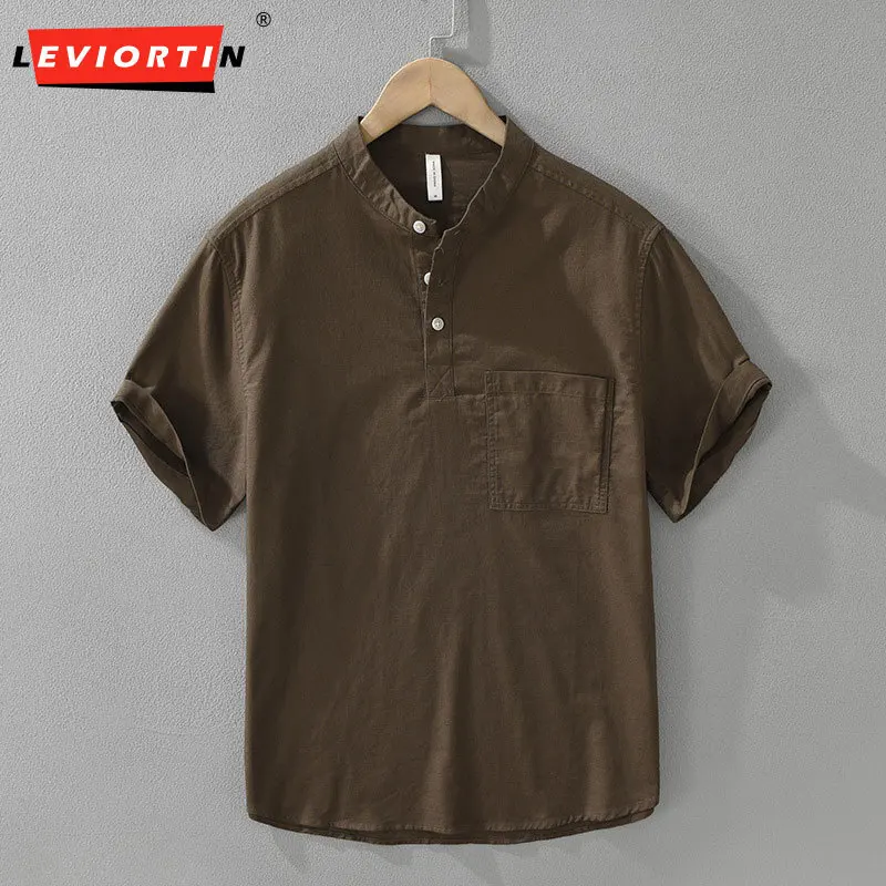 Summer Japanese style fresh pullover short sleeved shirt for men, versatile and artistic casual loose stand up collar top