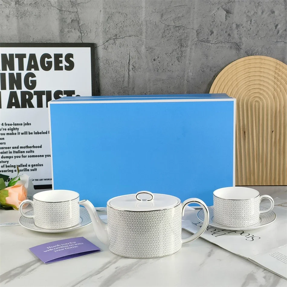 European Minimalist Bone China Geometric Silvery Edge Tea Set Home High-end Teapot Tea Cup and Saucer Set Gift Box