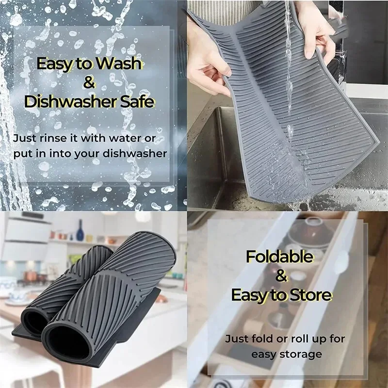 WCIC S/M/L Silicone Draining Board Mat Dish Drying Pad Folding Heat Resistant Rectangle Eco-Friendly Drainer for Kitchen Pot Cup