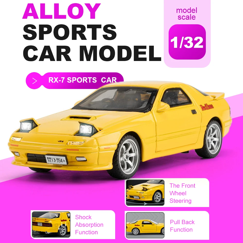 

1:32 Scale RX-7 Model Car Toy Doors Opened Pull Back Models Alloy Diecast Rubber Tires Vehicle for Brother Home Decoration