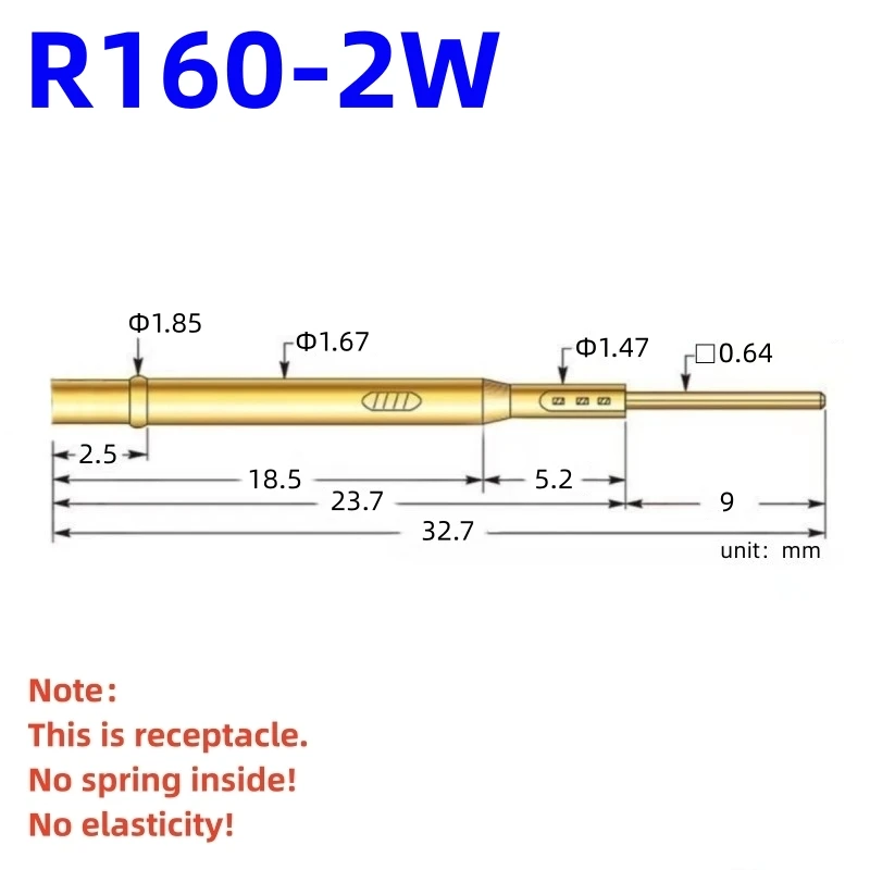 20/100PCS R160-2W Test Pin P160-B1 Receptacle Brass Tube Needle Sleeve Seat Wire-wrap Probe Sleeve Length 32.7mm Dia 1.67mm