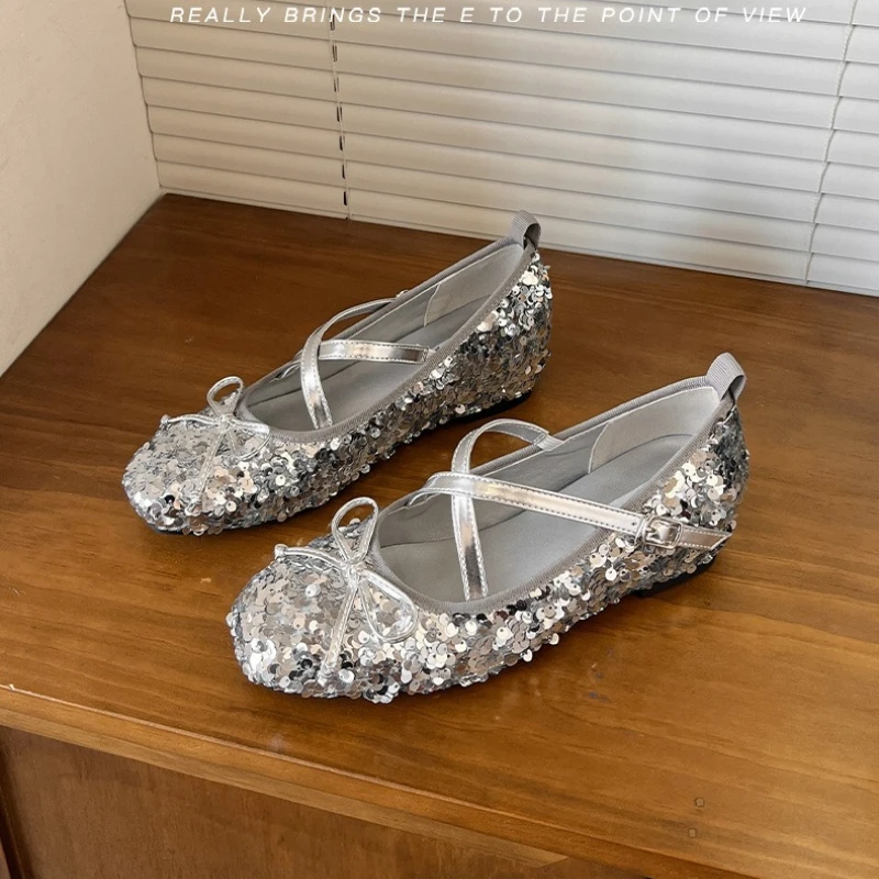 Shine Silver Mary Jane Shoes Women's Spring Autumn Winter High Heels Indoor Outdoor Wear Comfortable Breathable Rubber Sole