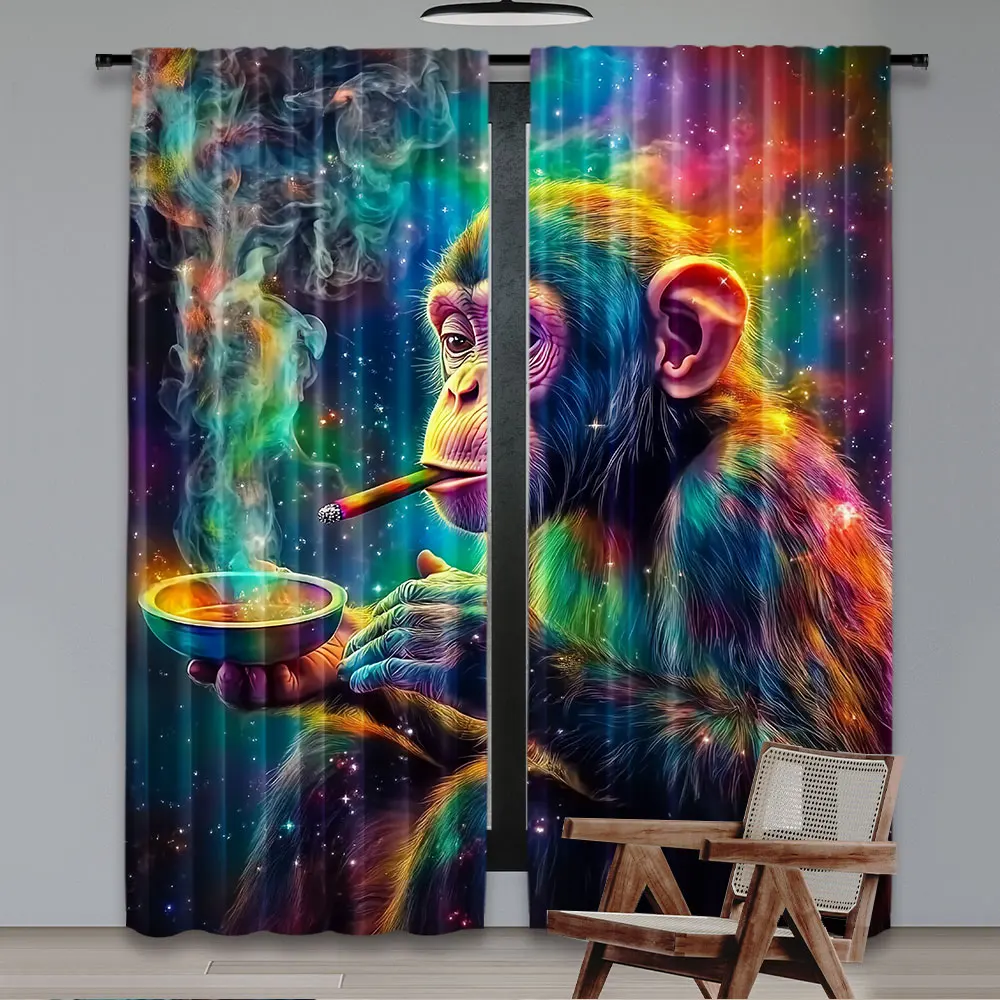 2Pcs Colorful Smoking Monkey Curtains Suitable For Living Room Dining Room Bedroom Bathroom Office University Accommodation