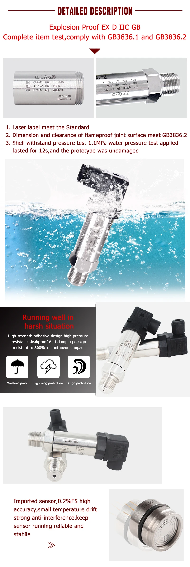G1/2' 4-20mA Drucksensor 0-10V 1bar/10bar/100bar Öl Wasser Gas 100psi/10Kpa/50mbar RS485 Drucktransmitter – Detail 1