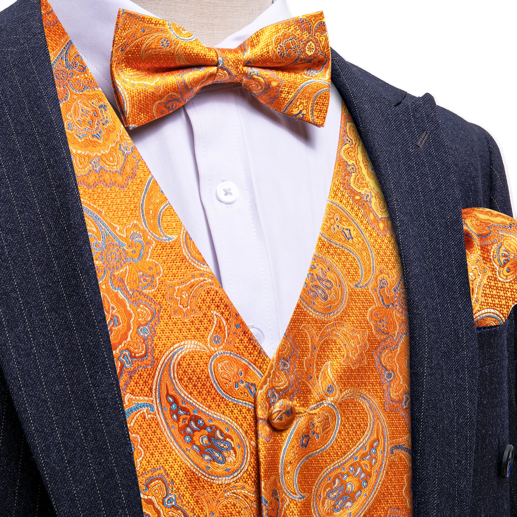 Barry.Wang Silk Men Vest Jacquard Paisley Floral Waistcoat Bowtie Hanky Cufflinks Set Sleeveless Jacket Wedding Business Gift