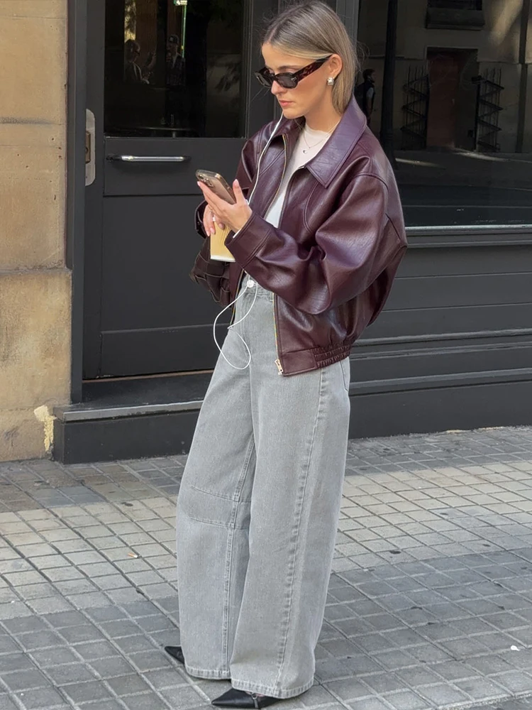 Kliou Faux Leather Jacket Woman Autumn Trend Zipper Lapel Full Sleeve Hottie High Street Fashion Versatile Style Basic Coats