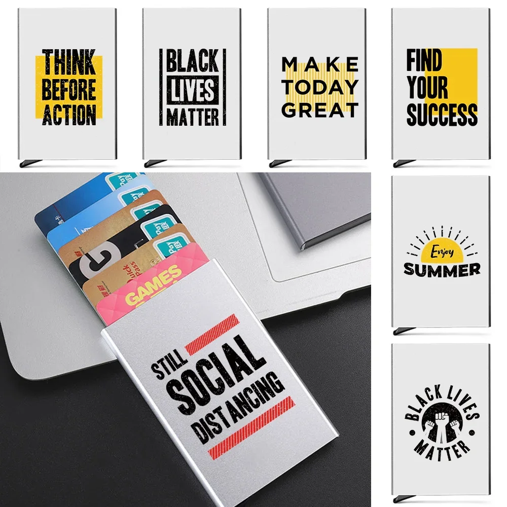 

Men Id Bank Credit Rfid Card Holder Word Pattern Print Double Blocking Wallet Security Aluminum Box Metal Purse Card Holder Case