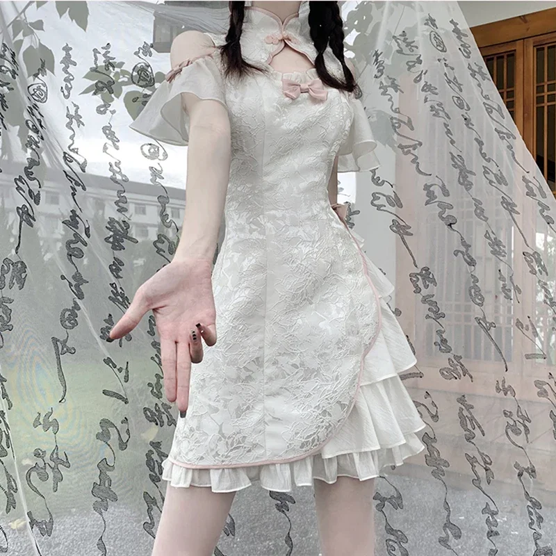 Kwjet Vrouwen Vintage Jurk Cheongsam Lieve Slanke Y 2K Lolita Gothic Meisjes Casual Nieuwe Mode Harajuku Sexy Esthetische Vrouwelijke Jurk