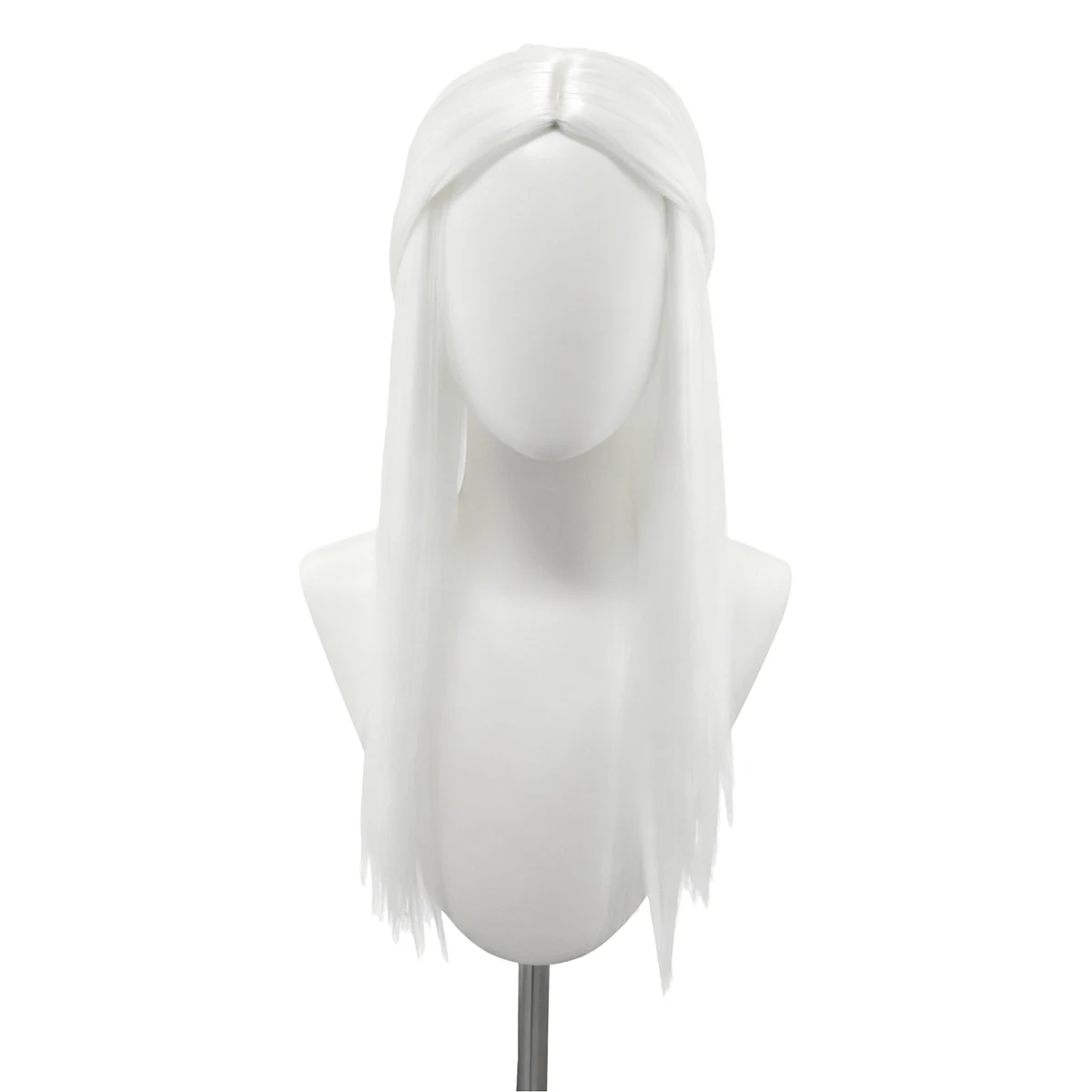 Pure White Long Straight Wig with Bangs Side Braid Cross V-Weave Mesh Back, 52cm Natural Sheen Synthetic for Cosplay Daily
