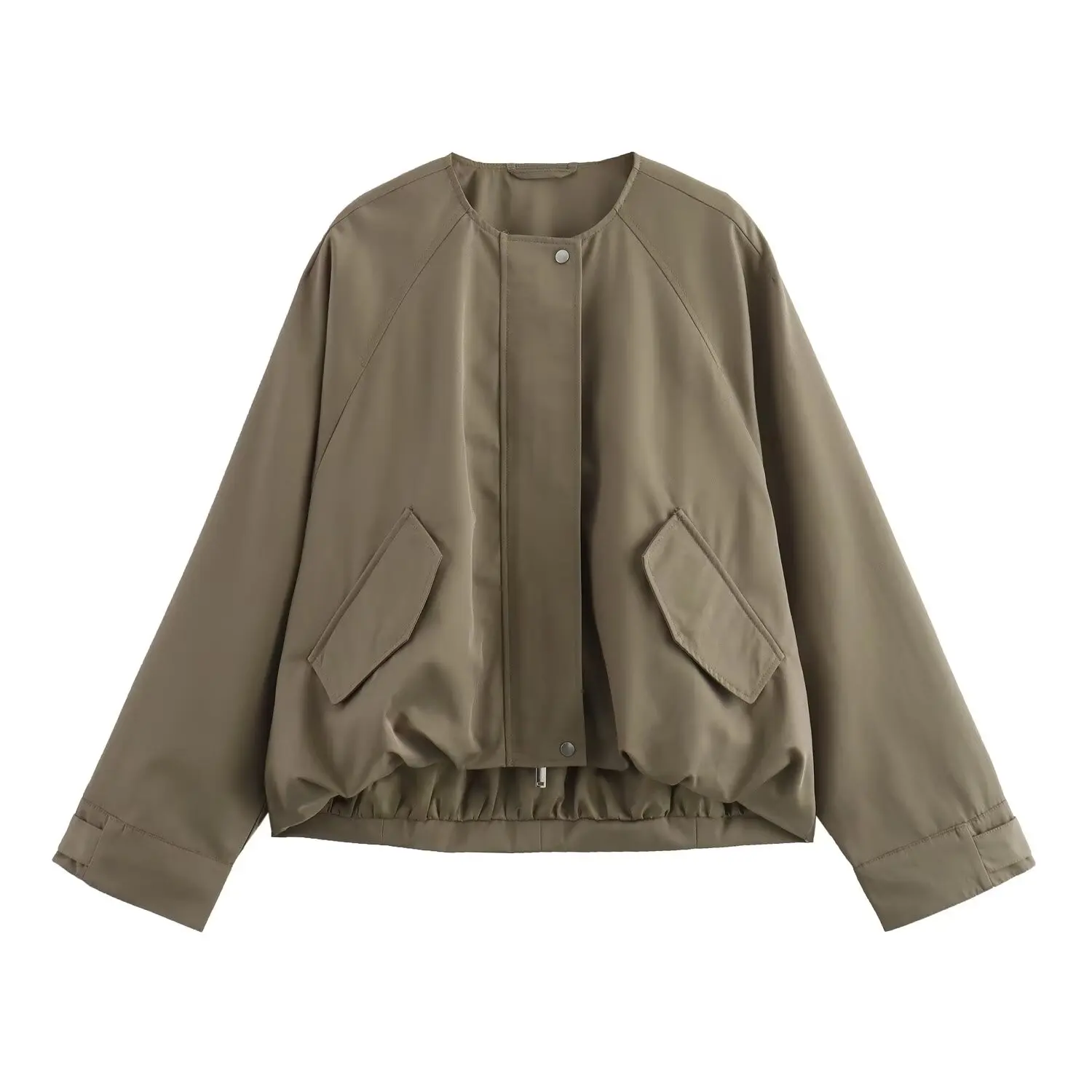 Maxdutti Minimalist Khaki For Jacket Women Casual Coat Autumn New Arrivals Round Neck Flight Bomber