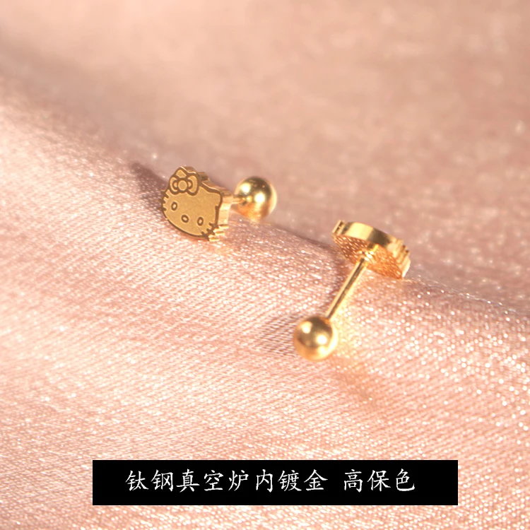 Kawaii Sanrio Hello Kitty Stud Titanium Steel Stud Stud Gold Turnbuckle Cute Cartoon Girl Mini Earrings Girls Birthday Gift