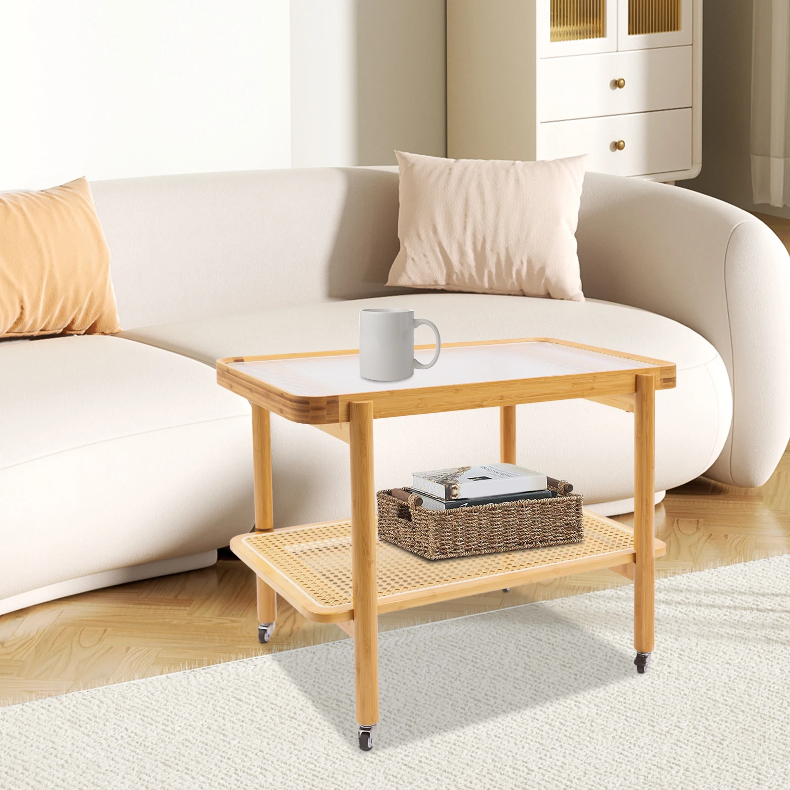 Coffee Table with Wheels Coffee Table 2 Shelves Sofa Table