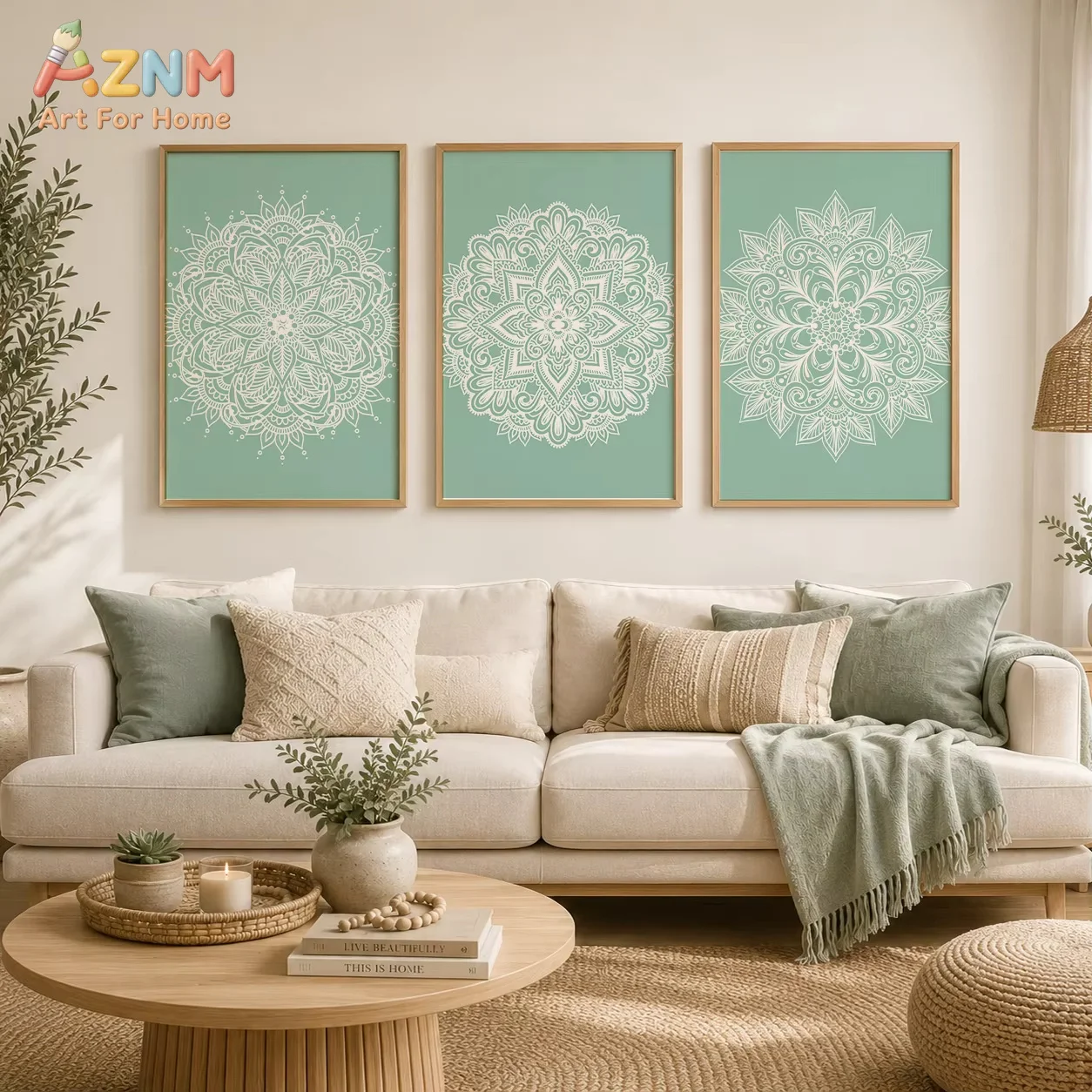 AZNM Boho Abstract Wall Art, Nordic Line Mandala Canvas Painting, Minimalist Aesthetic Poster Print for Living Room Decor