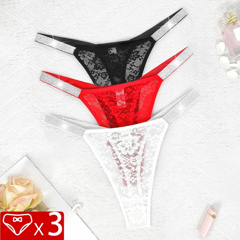 

3pcs Sexy Thongs Lace Women Underwear Perspective Floral Panties Low Rise Two Shiny Belts G-string Comfortable Intimate Lingerie