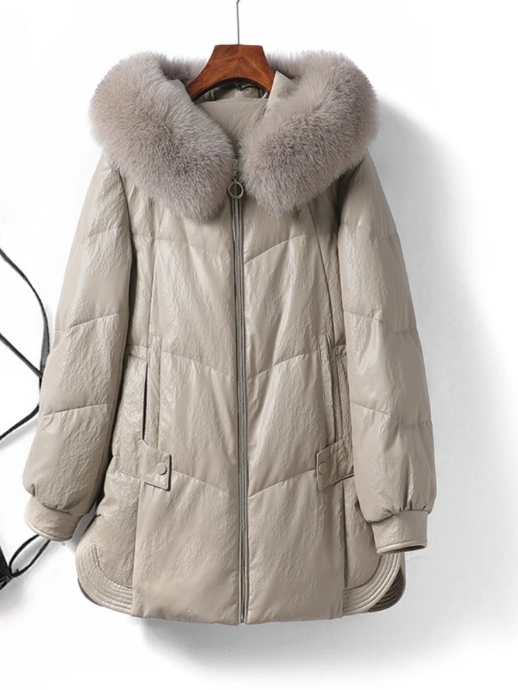 Women's versatile leather jacket winter new hooded fox fur collar 90 white duck down fashion casual leather down coat