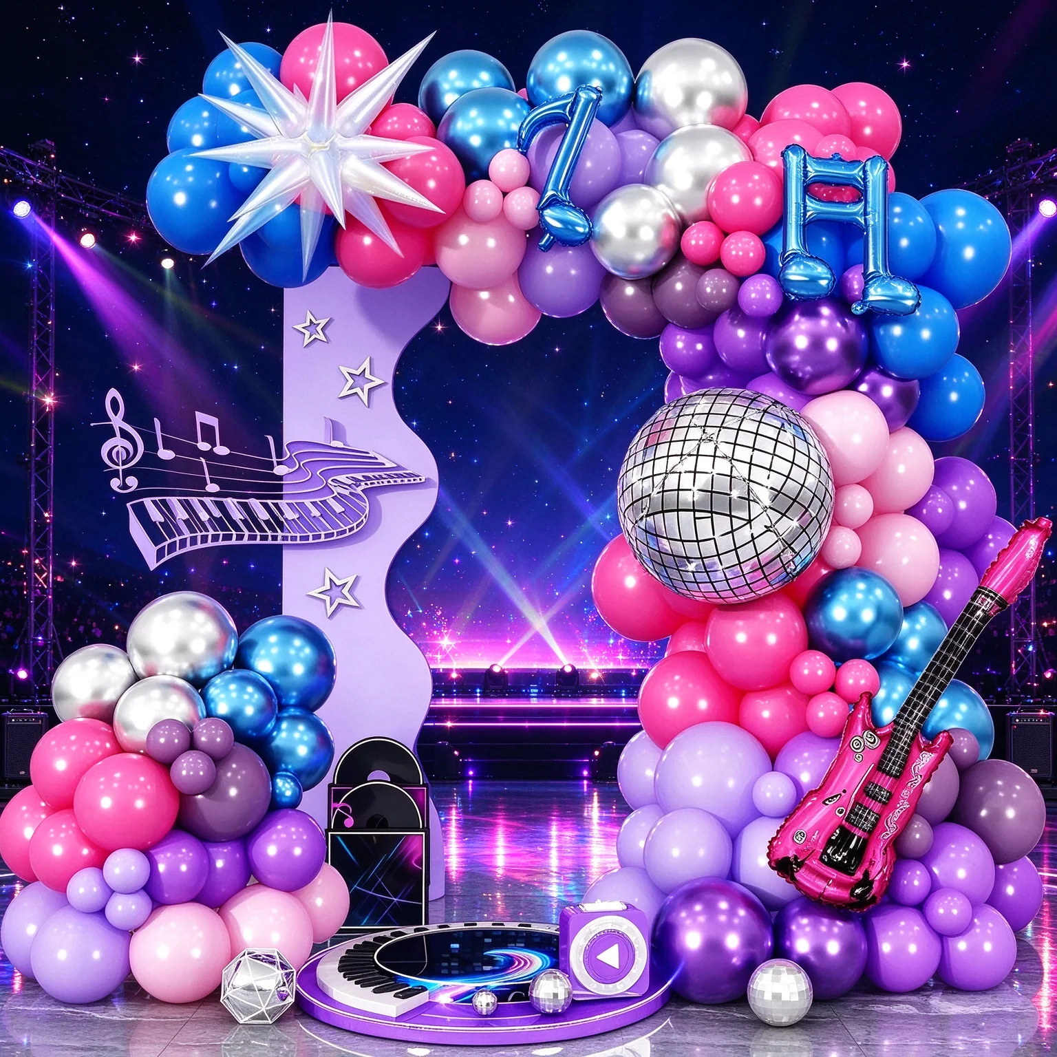 95pcs Music Theme Balloon Garland Kit,Purple Blue Pink Silver Latex Balloons Disco Guitar Foil Balloons for Birthday Party Decor