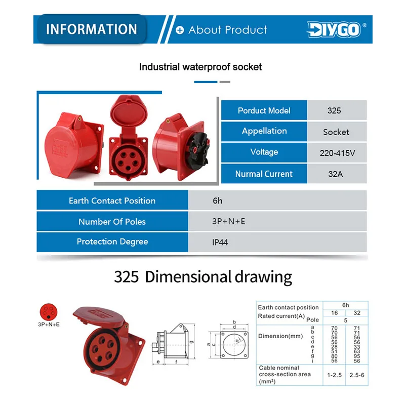 DIY GO High Quality IP44 Waterproof Electrical Connection Industrial Plug and Socket Wall Mounted Junction Box 32A 380-415V 5Pin