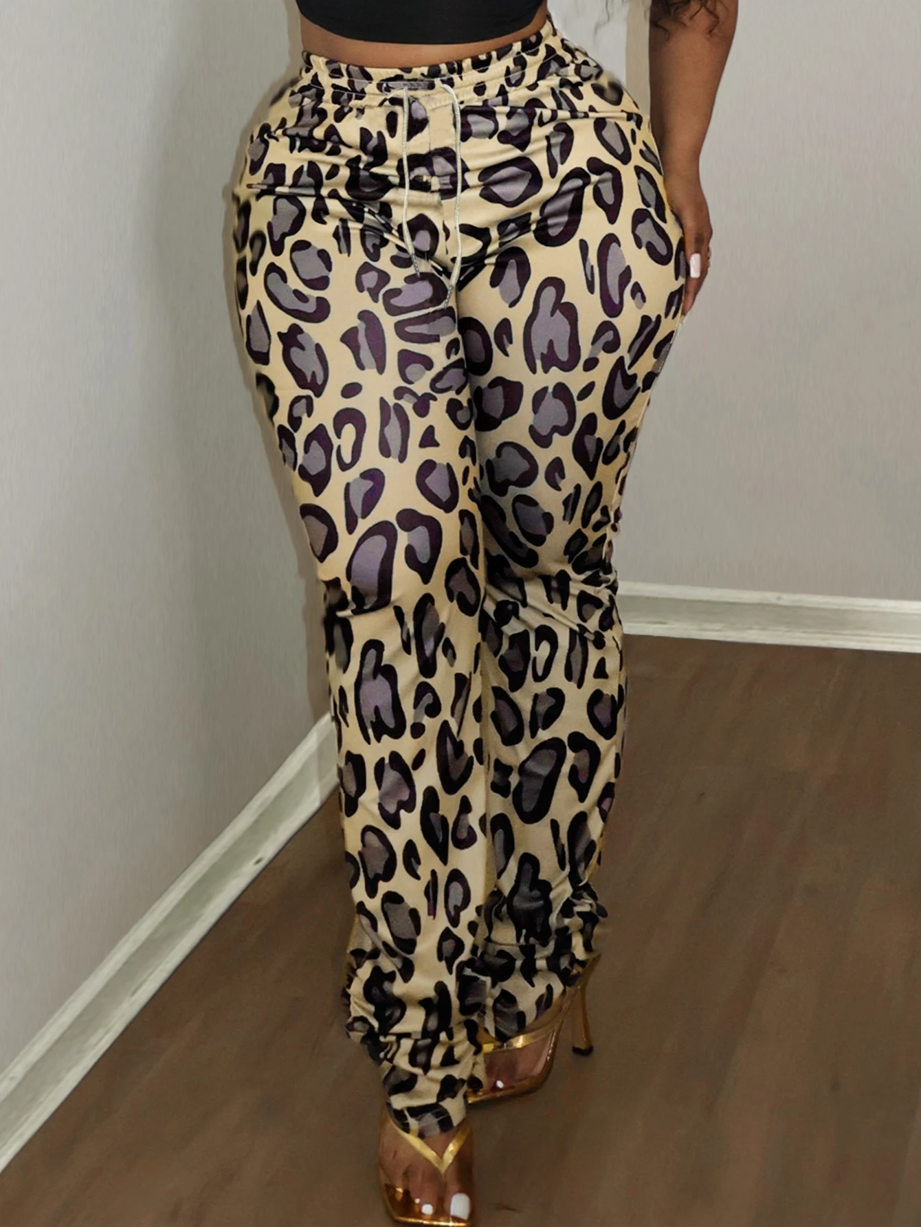 LW Plus Size pants Leopard Print Drawstring Stacked Pants Plus Size Women's Drawstring Pants Casual Fashion trousers Pants