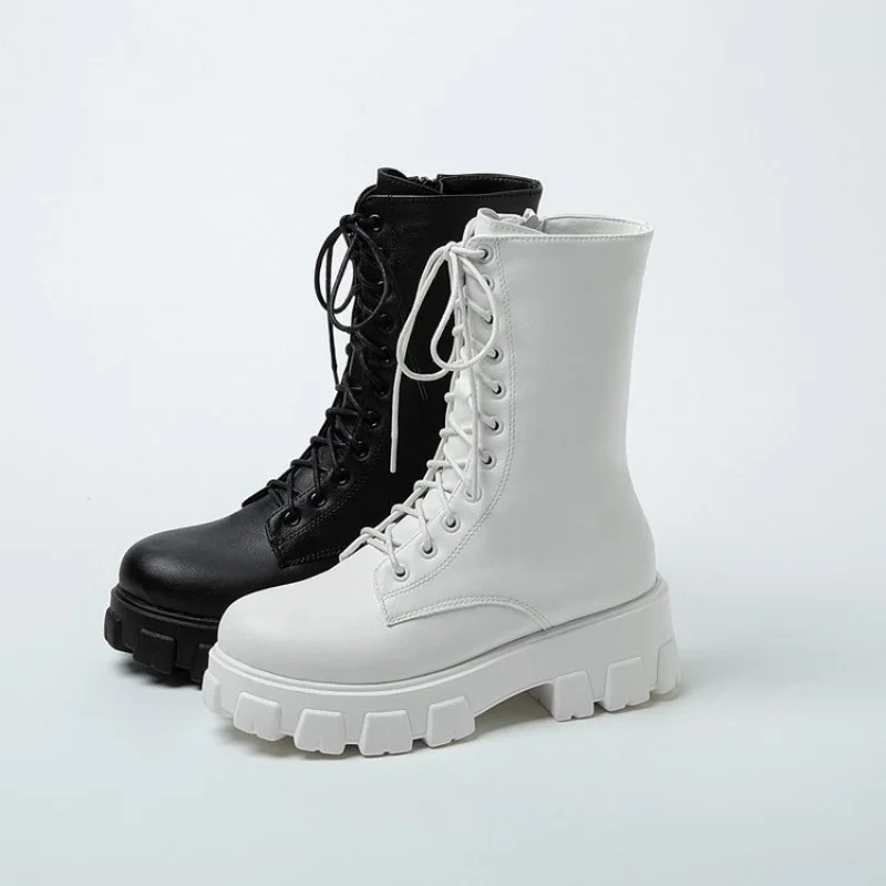 English Style High Top Women's Shoes Spring Autumn Platform Plus Size Women's Shoes Western Boots Women's Mid-leg Booties