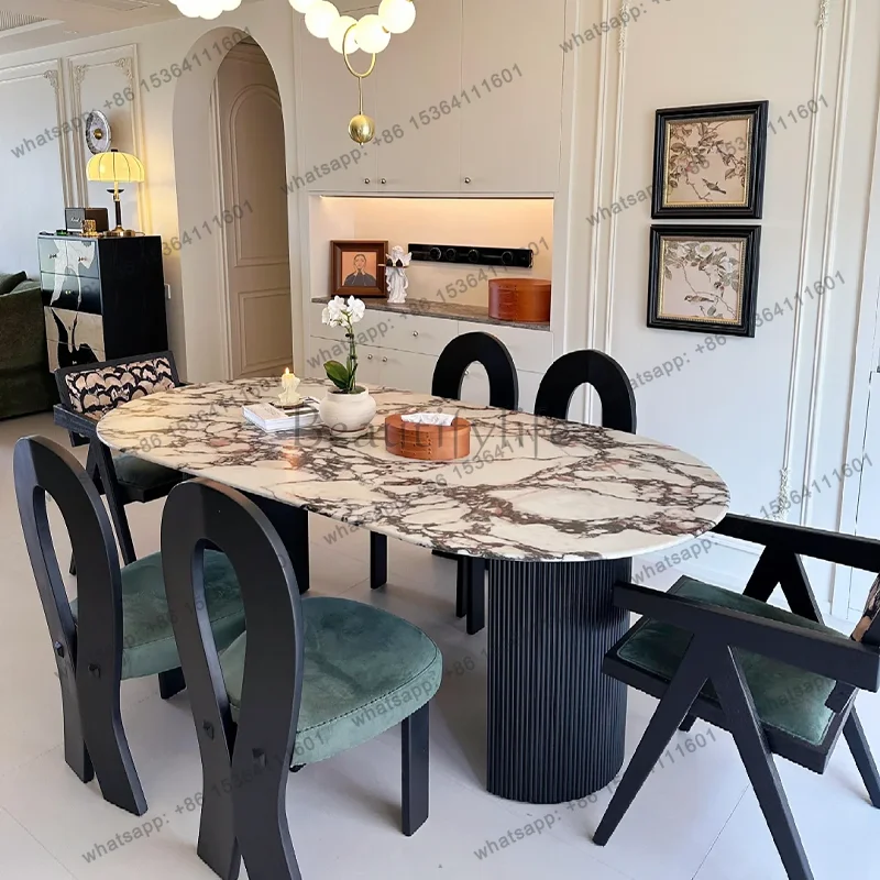 French purple luxury stone dining table oval medieval high-end water drop natural marble dining table