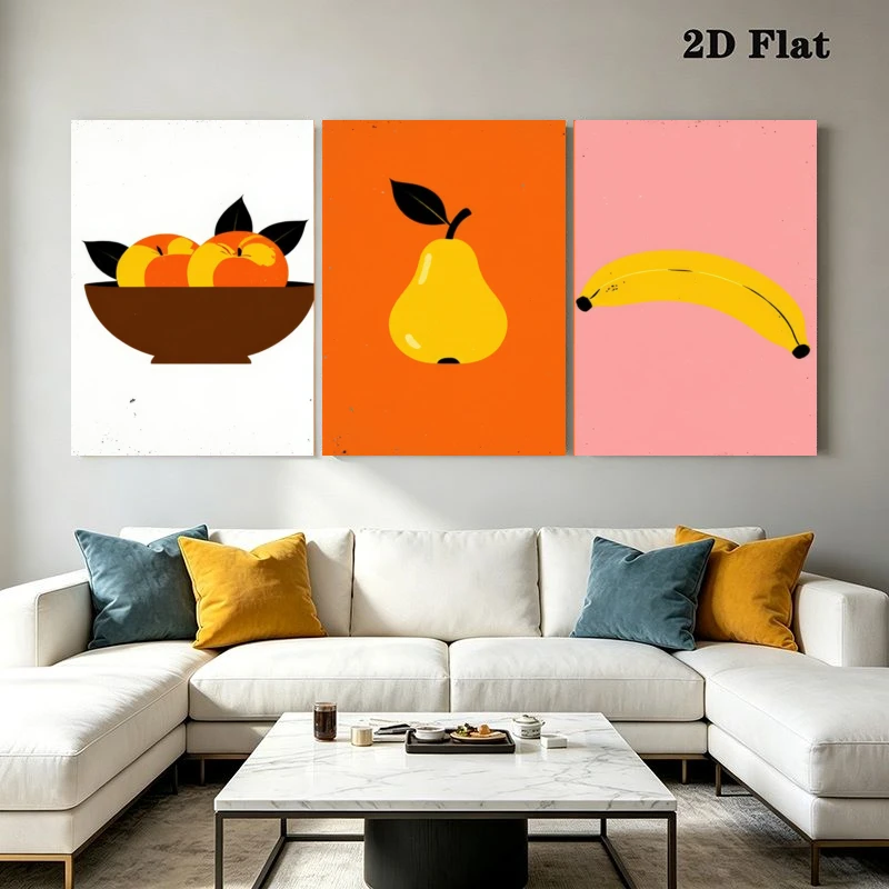 2D Flat, 3pcs Modern Minimalist Luxury|Vibrant Orange Pear Banana Fruit|Wall Art Home Decor Print Poster|Living Room Bedroom