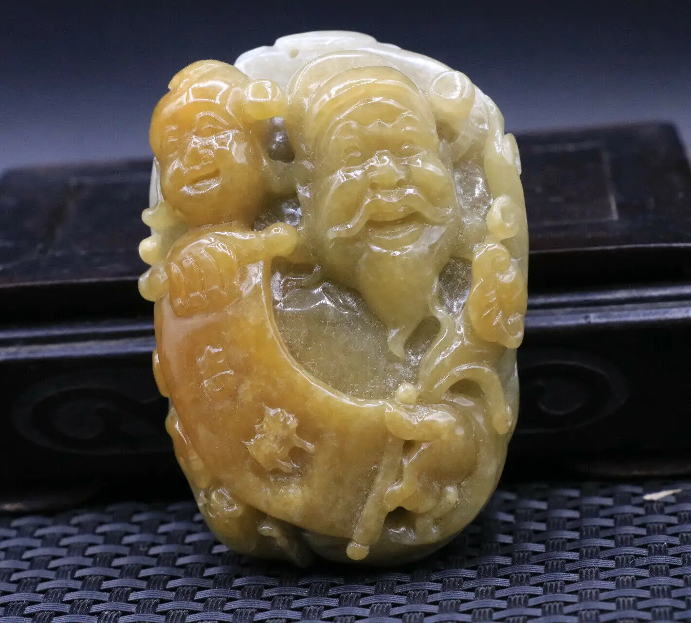 

Big Treasure Certificated Chinese Natural A Jadeite Jade Wealth God Father&Son Hand Player Totem Carving Timestown 20201128A