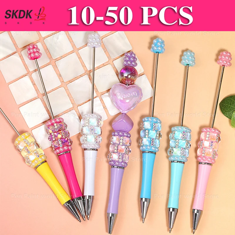 

10-50Pcs DIY Square Rhinestone & Pearl Bead Ballpoint Pen – Decorative Bead Pen Gift for Journals, School & Office